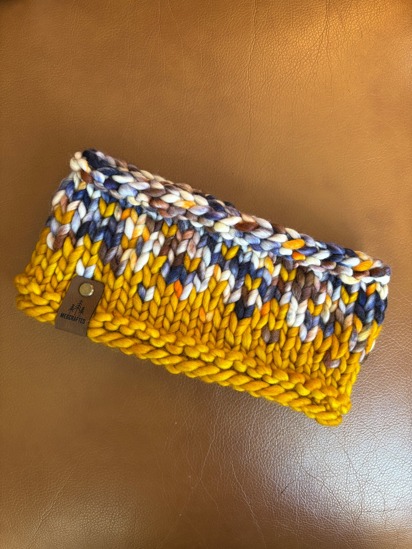 Merino Wool Knitted Headband - Primaveral in Mustard/White Blue Multi
