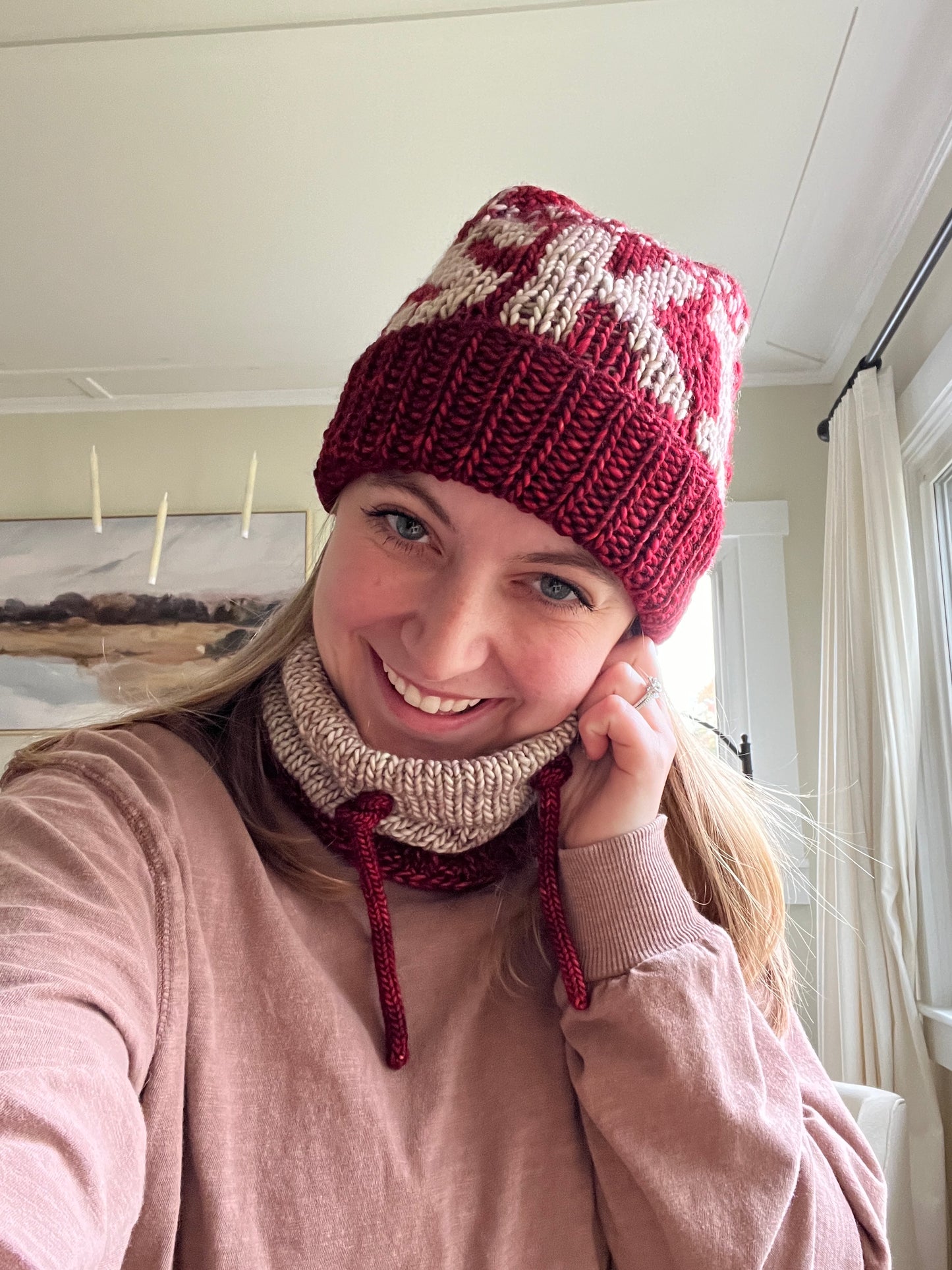 Merino Wool Knitted Ski Hat - Red/Whole Grain