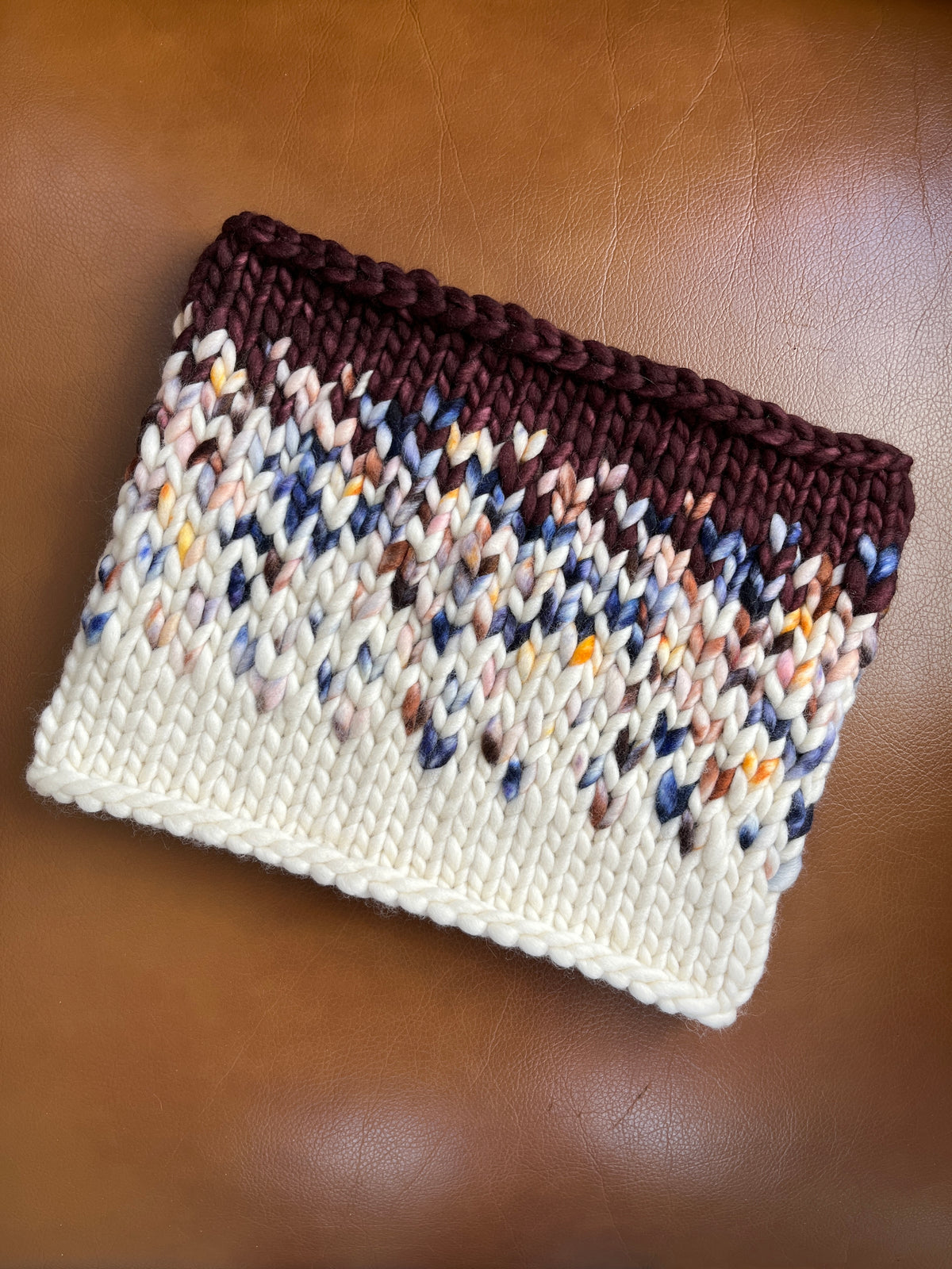 Merino Wool Chunky Knit Cowl - Brown/Blue/White