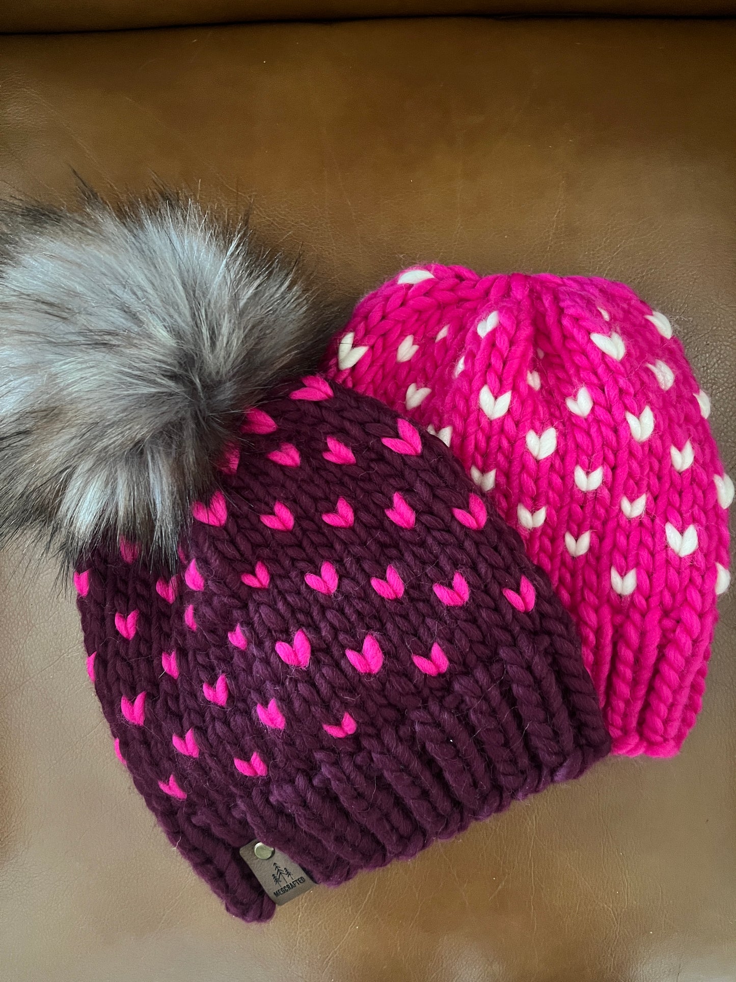 Hearts Hat - Peruvian Wool Knitted Hat - White/Hot Pink