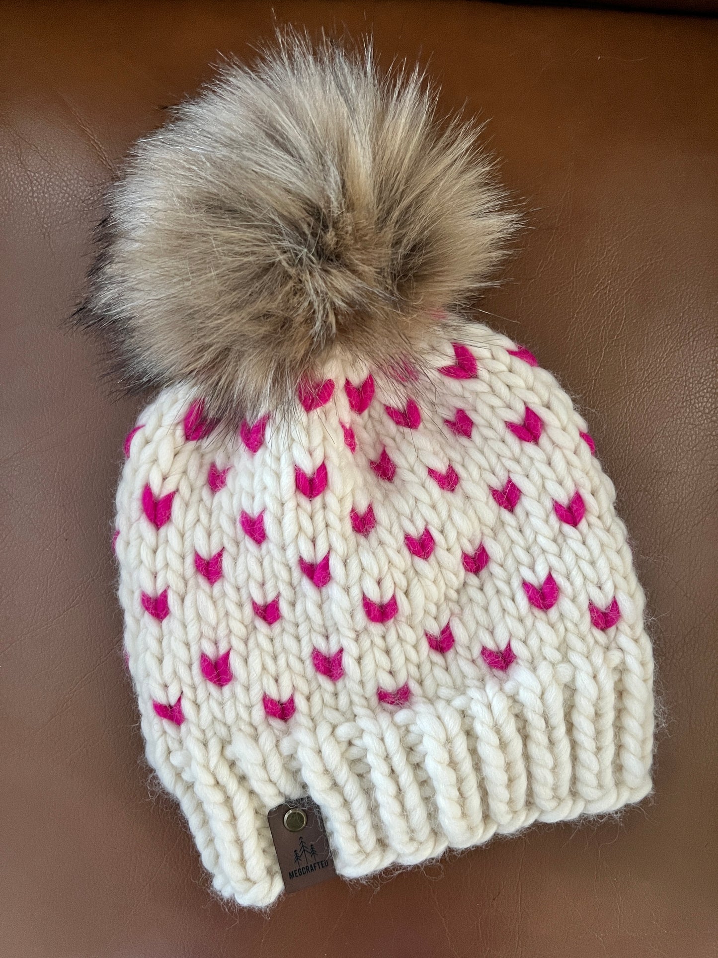 Hearts Hat - Peruvian Wool Knitted Hat - White/Hot Pink