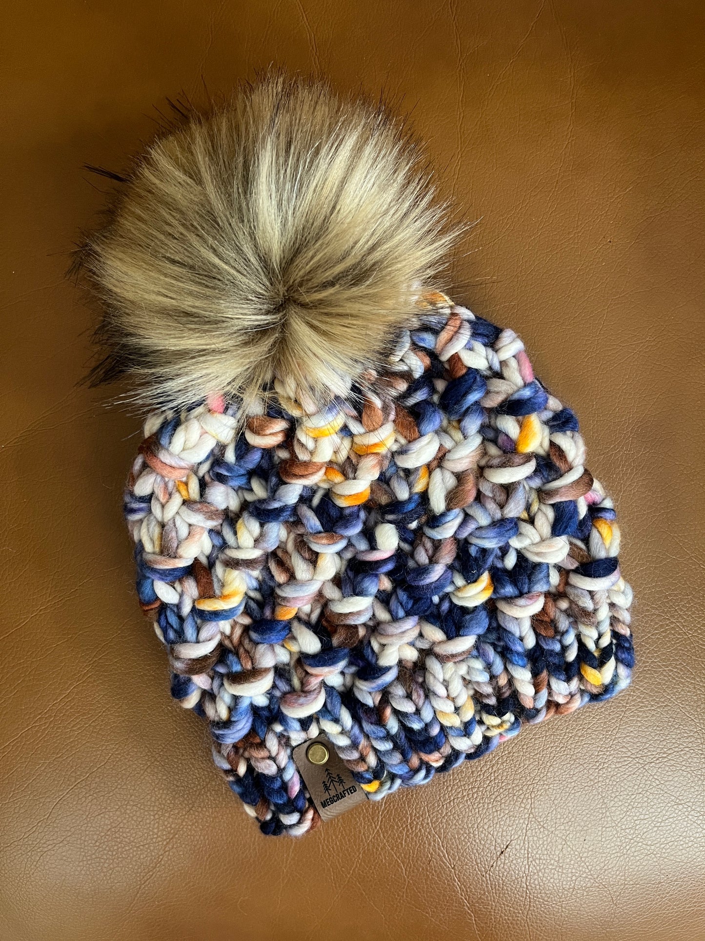 Merino Wool Knitted Hat - Tula in White/Blue/Orange/Brown Multi