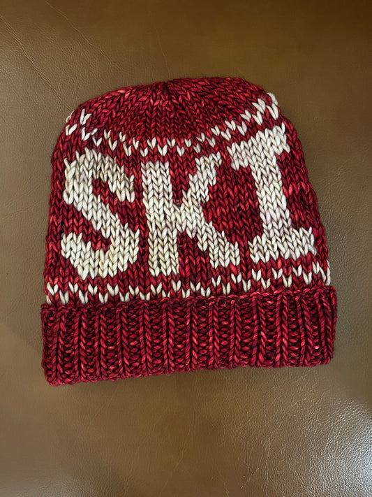 Merino Wool Knitted Ski Hat - Red/Whole Grain