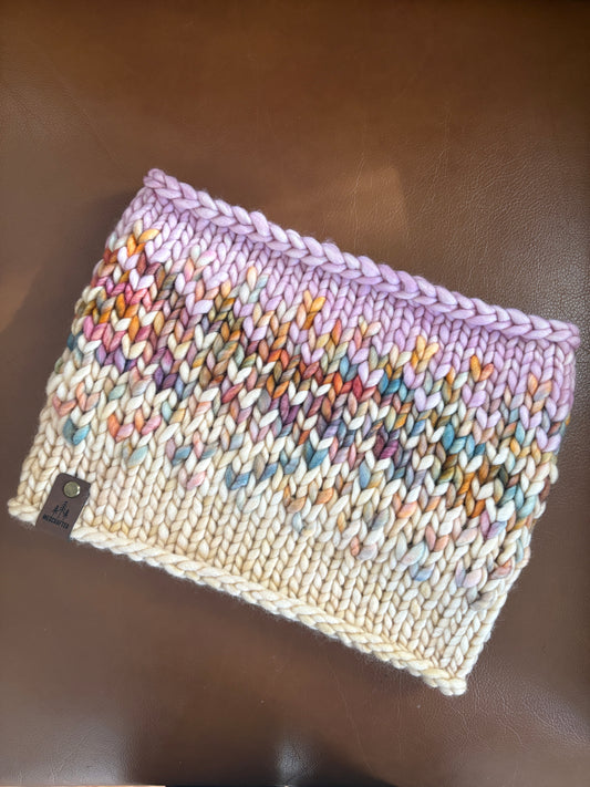 Merino Wool Chunky Knit Cowl - Ivory/Dancing Leaves/Pink