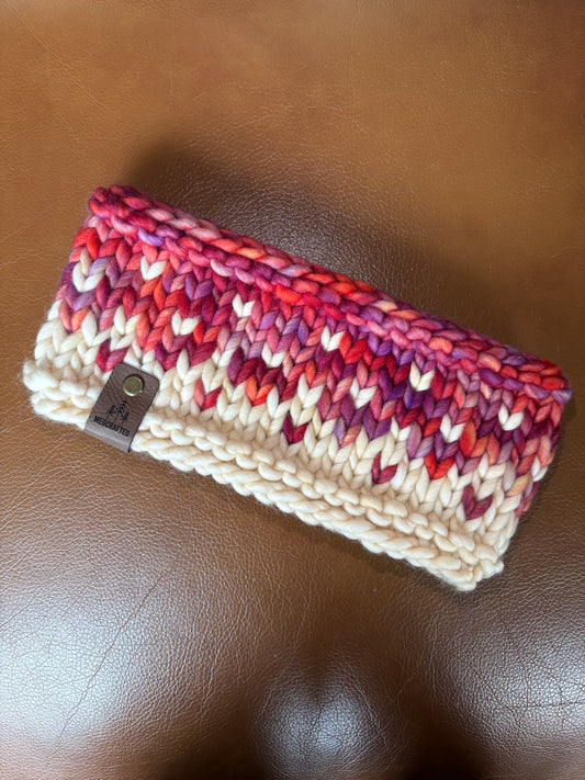 Merino Wool Knitted Headband - Primaveral in Pink/Red/Ivory