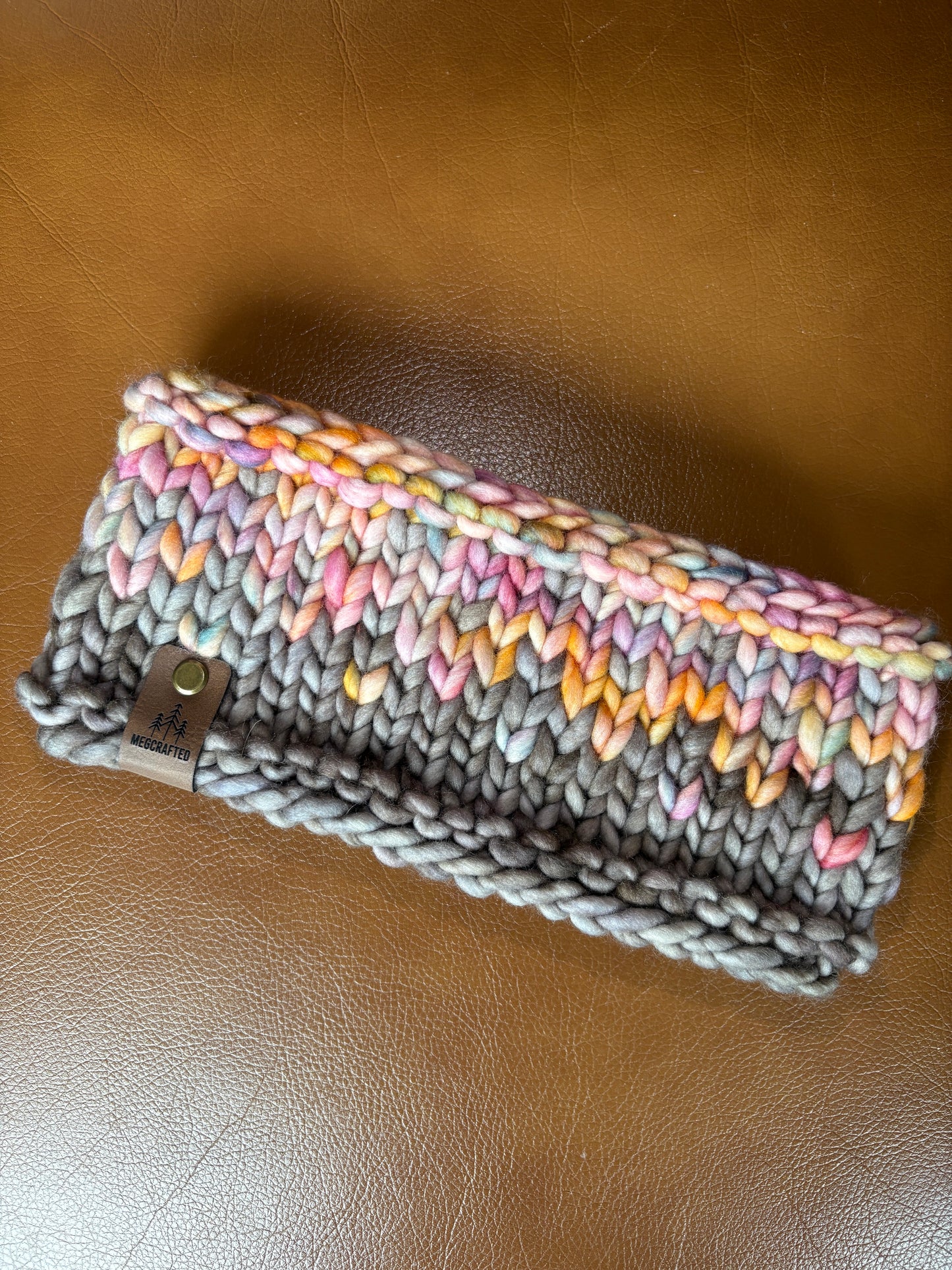 Merino Wool Knitted Headband - Primaveral in Grey/Pink/Orange