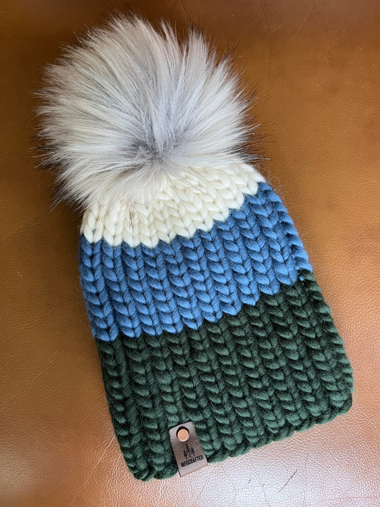 Peruvian Wool Knitted Hat - Nokhu in Cream/Blue/Forest Green