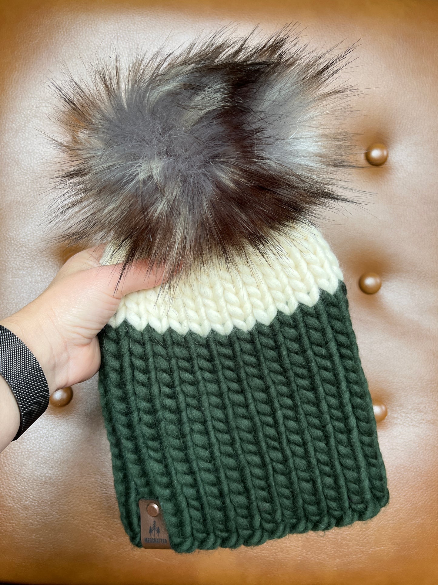 Peruvian Wool Knitted Hat - Nokhu in Cream/Forest Greeni