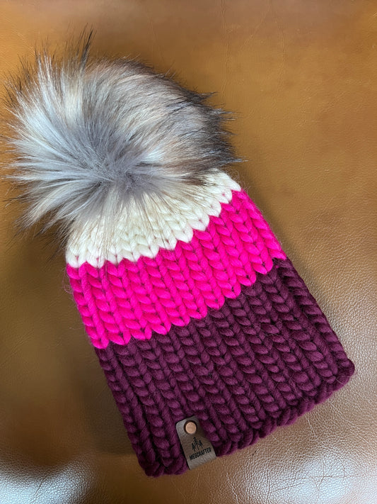 Peruvian Wool Knitted Hat - Nokhu in Cream/Hot Pink/Maroon