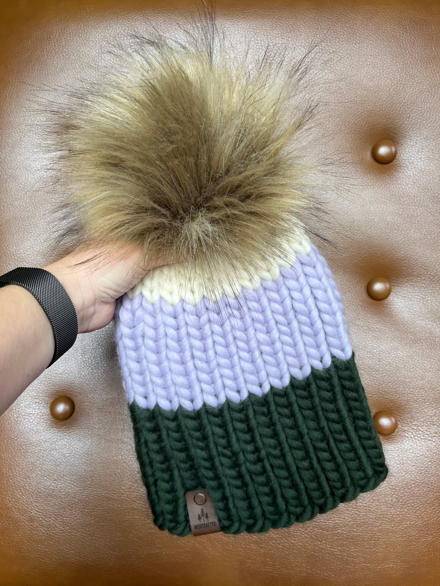 Peruvian Wool Knitted Hat - Nokhu in Cream/Lilac/Forest Green